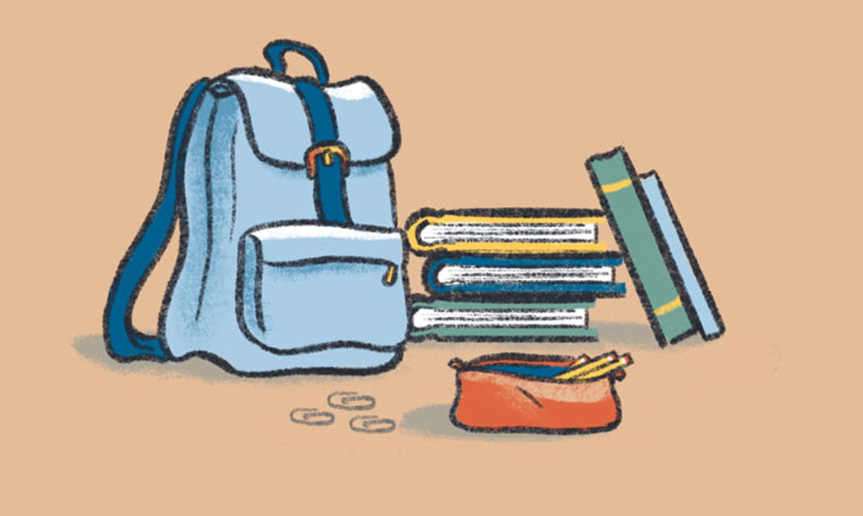 Illustration of a backpack, books, and pencil case