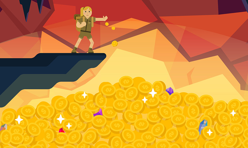 Person standing over mound of gold coins