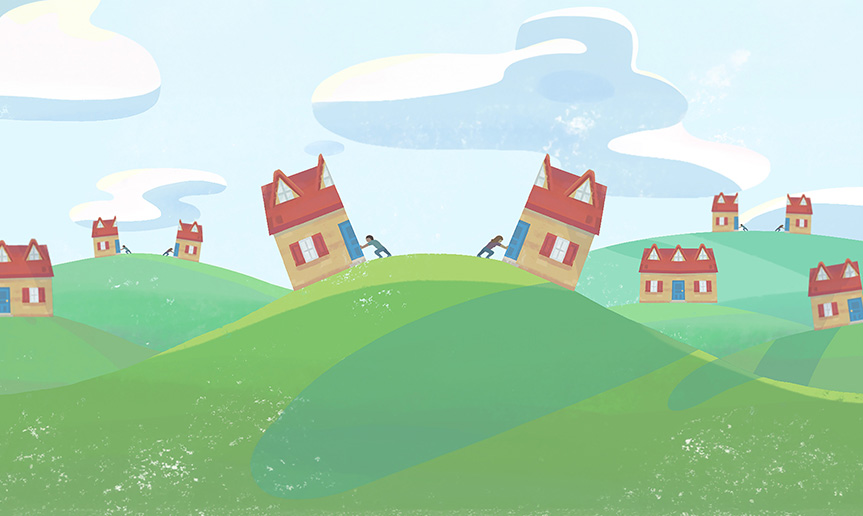 Two people pushing apart a split house