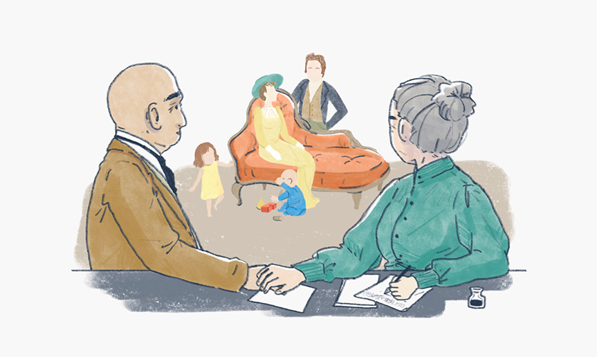 An older couple going over their will while looking at their family
