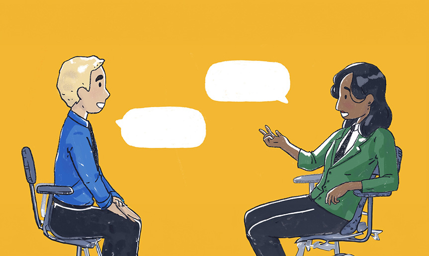 Two employees talking face-to-face