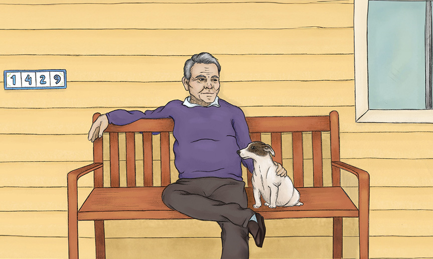 Older person sitting on a bench with a dog