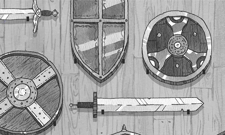Swords and shields on a wall