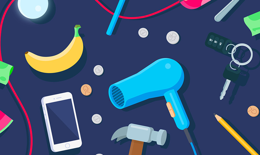Car keys, hammer, banana, cell phone, coins, pencil, hair dryer