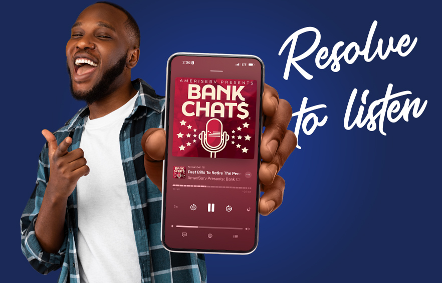 Person holding a phone with the Bank Chats podcast playing on it