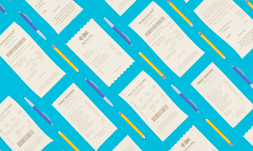 Receipts, pens, and pencils