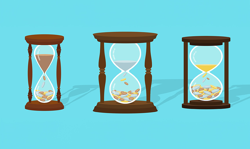 Three hour glasses containing coins