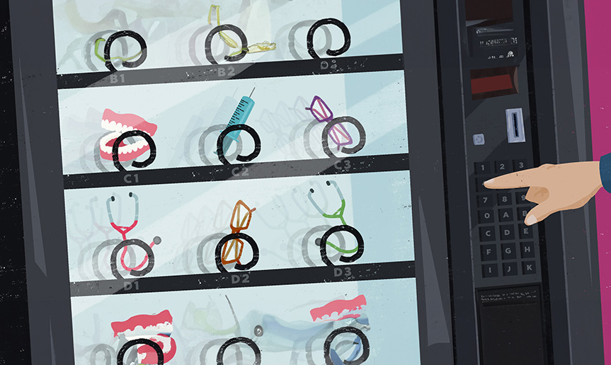 Illustration of a vending machine containing eye glasses, dentures, and medial instruments