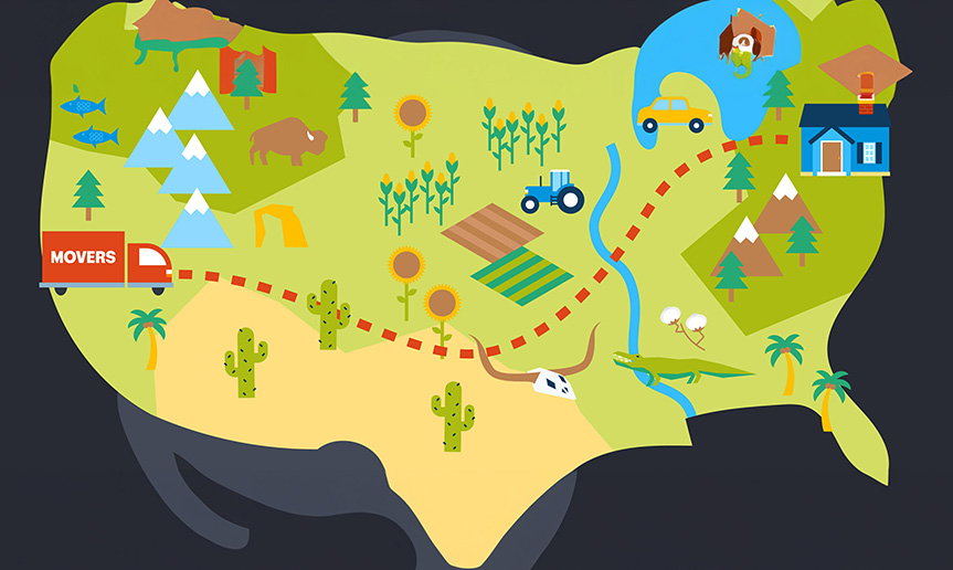 Map of the United States showing path for moving from the West to the East coast