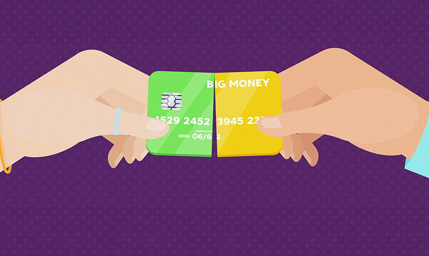 Two hands hold half of two credit cards together
