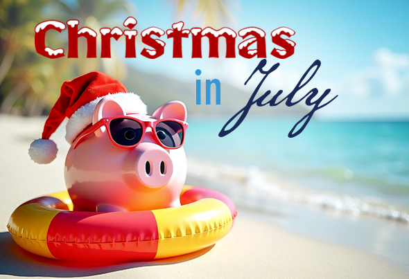 Piggy bank on a beach wearing a Santa hat and sunglasses