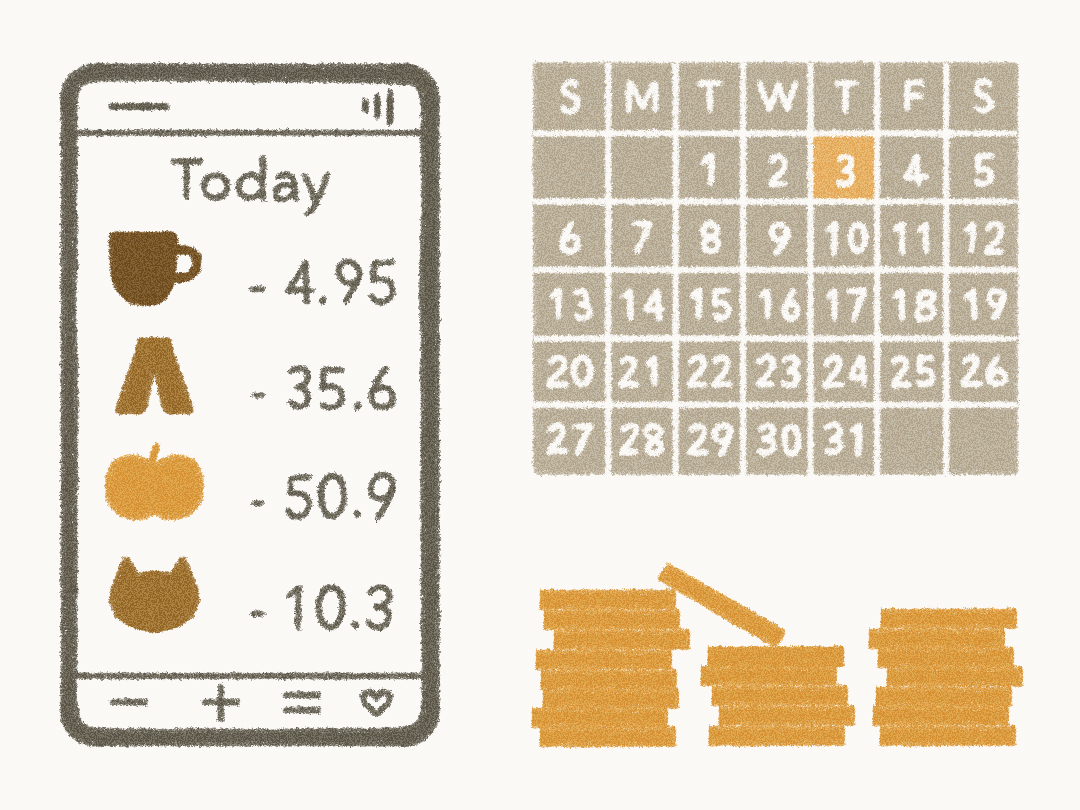 cellphone with text Today, 4.95, 35.6, 50.9, 10.3. Image also includes coins and a calendar with numbers 1 through 31 and S, M, T, W, T, F, and S