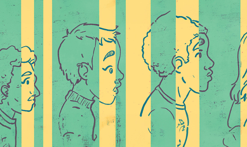 People profiles on green and yellow stripe background
