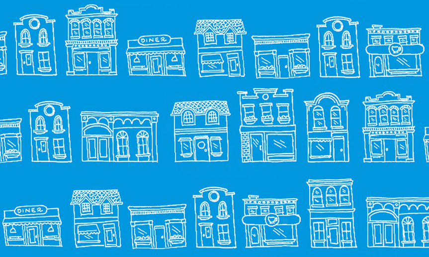 Three rows of drawings of business storefronts