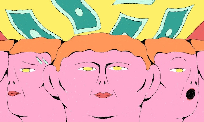 Money and human heads depicting different emotions