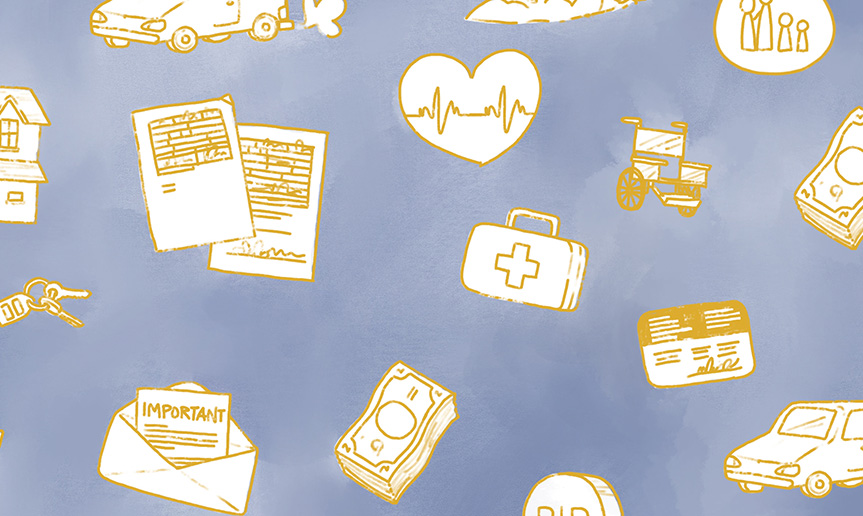Illustration of bills, money, insurance card, wheelchair, first aid kit