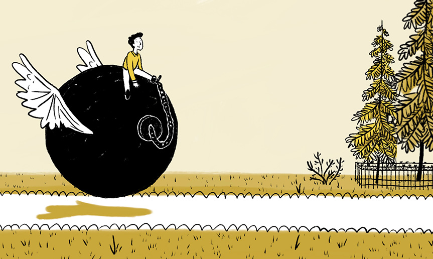 Person riding flying ball and chain