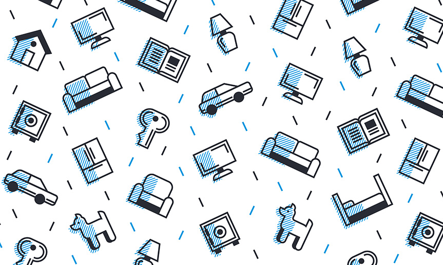 Illustration of keys, cars, TVs, refrigerators, beds, books, lamps